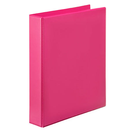 A vibrant pink A4 binder with a clear overlay for customization, eco-friendly materials, and an inside pocket for added storage.