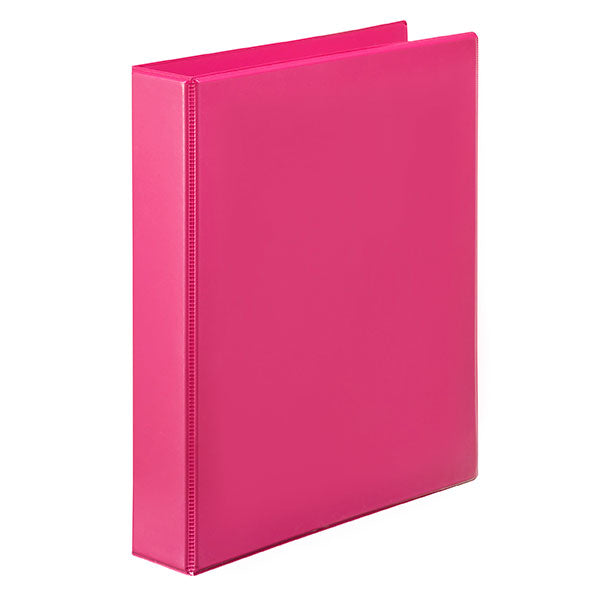 A vibrant pink A4 binder with a clear overlay for customization, eco-friendly materials, and an inside pocket for added storage.