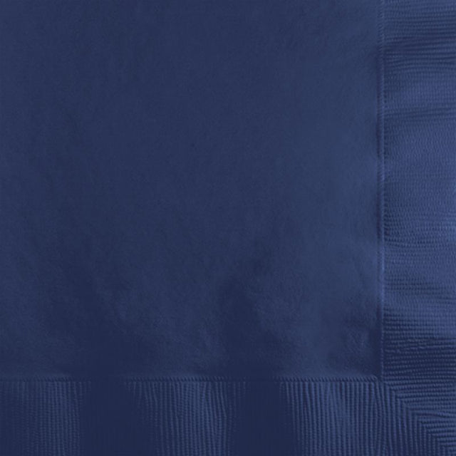 Navy blue beverage napkins in a pack of 50, perfect for parties and events, measuring 25cm x 25cm for easy use.