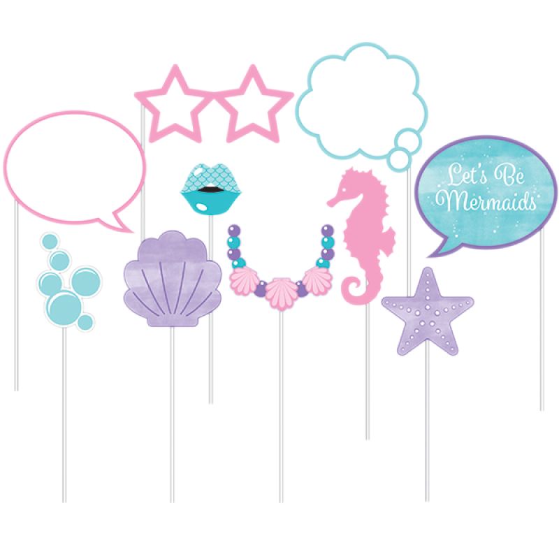 Iridescent mermaid-themed photo booth props in assorted designs for fun underwater-themed parties and celebrations.
