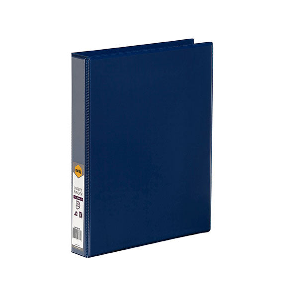 Blue Marbig A4 4-ring binder with 25mm capacity, featuring a clear overlay for customization and eco-friendly materials.