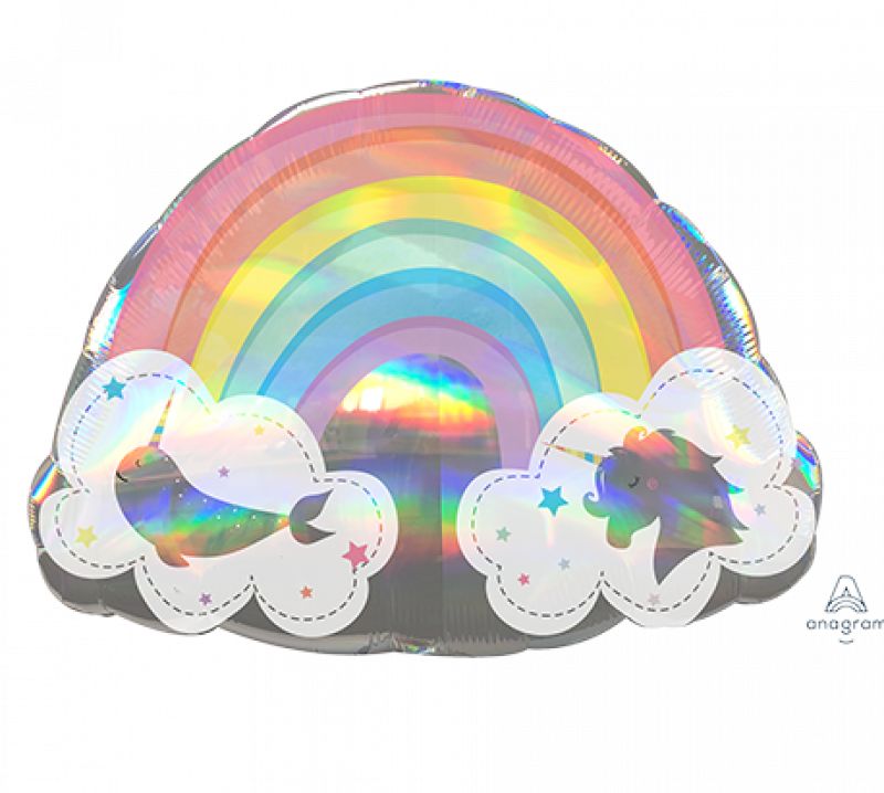 Supershape holographic rainbow foil balloon, 71cm x 50cm, ideal for magical celebrations and captivating decorations.