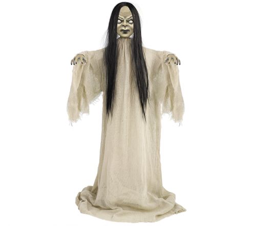 Standing creepy girl prop at 91cm, crafted from fabric and plastic for haunting Halloween decor indoors and outdoors.