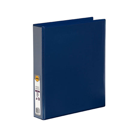 Blue A4 Marbig C/View Insert Binder with 38mm rings, acid-free material, clear overlay, and inside pocket for loose sheets.