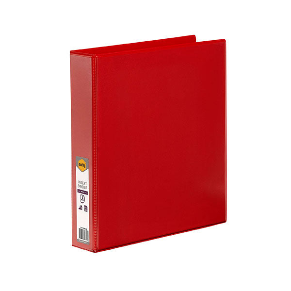 Red A4 Marbig C/View Insert Binder with 3-D rings, acid-free, customizable overlay, and eco-friendly construction.