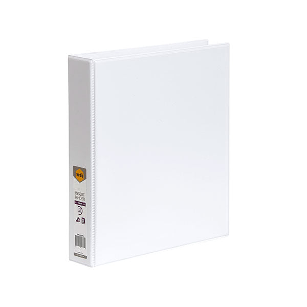 White A4 binder with 38mm rings, clear overlay for customization, eco-friendly materials, and inner pocket for storage.