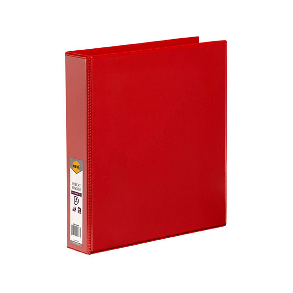 Red Marbig C/View A4 binder with 38mm rings, clear overlay for customization, and inner pocket for loose papers.