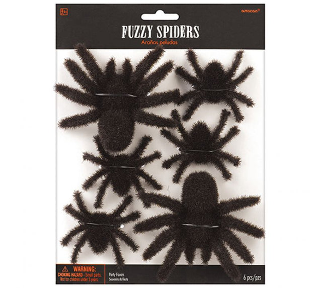 A pack of 6 fuzzy hairy spider favors in two sizes, perfect for Halloween parties and spooky decorations.