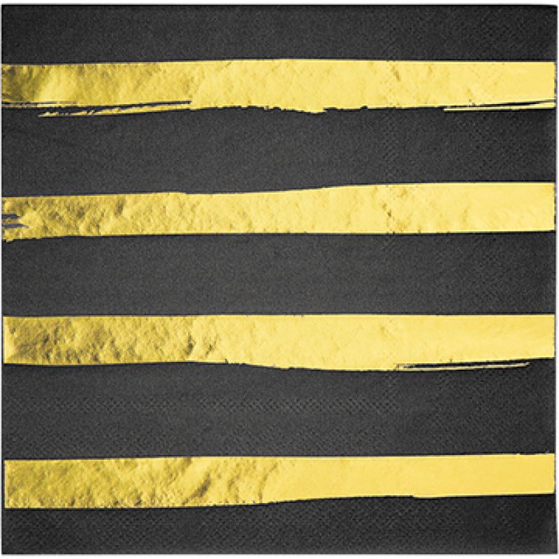 Elegant black velvet napkins with gold foil stripes, perfect for upscale events and stylish dining experiences. Pack of 16.