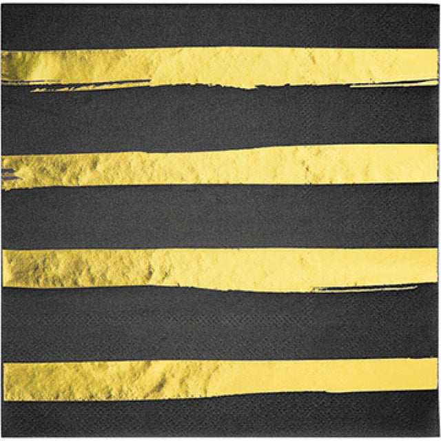 Elegant black velvet napkins with gold foil stripes, perfect for upscale events and stylish dining experiences. Pack of 16.