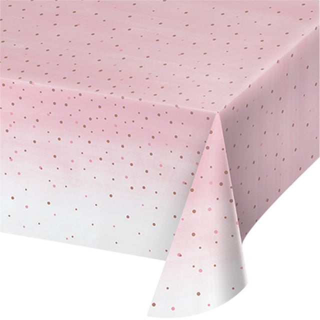 Elegant rose gold foil tablecover with chic dot print, perfect for upscale events and protecting tables from spills.