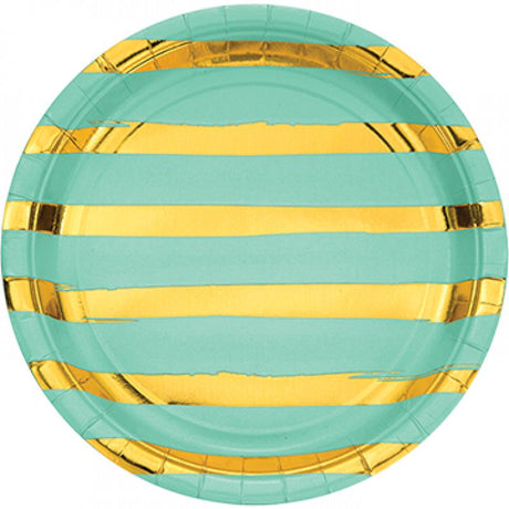 Fresh mint and gold foil striped paper dinner plates, 22cm, in a pack of 8, perfect for elegant gatherings and easy cleanup.