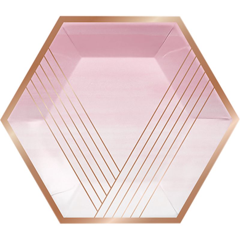 Rose gold foil hexagonal striped banquet plates, 25cm, pack of 8, perfect for stylish celebrations and easy cleanup.