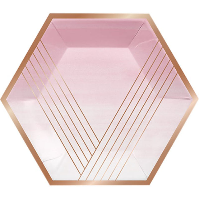 Rose gold foil hexagonal striped banquet plates, 25cm, pack of 8, perfect for stylish celebrations and easy cleanup.