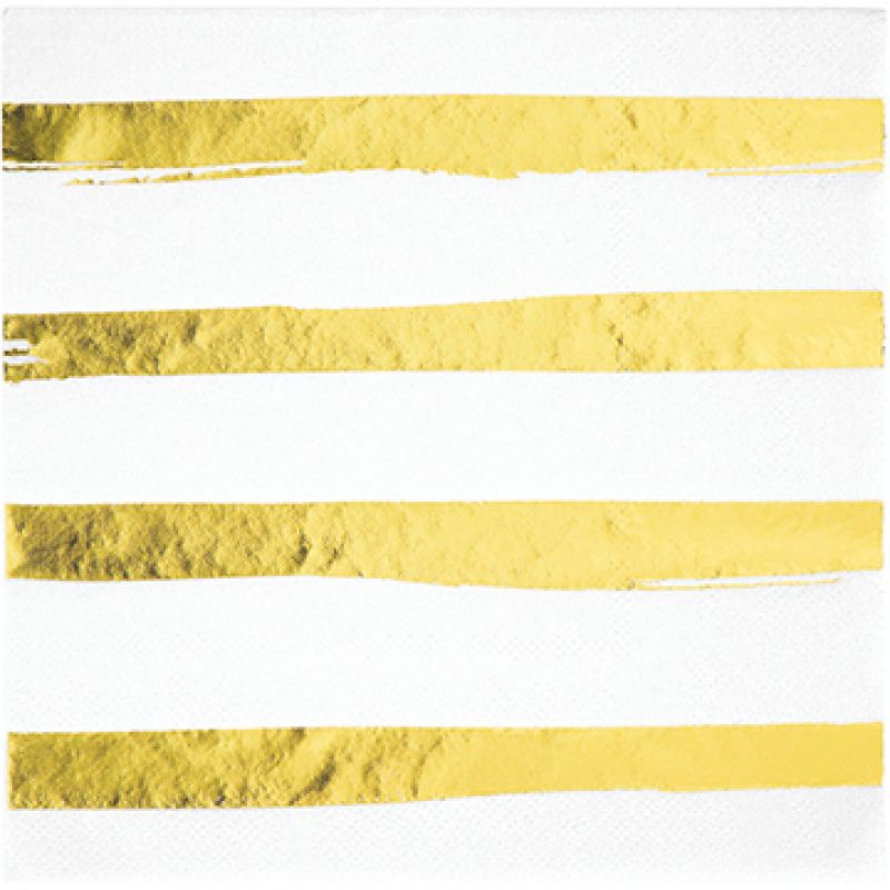 Elegant white and gold foil striped lunch napkins, ideal for celebrations, sold in a pack of 16 for stylish dining.