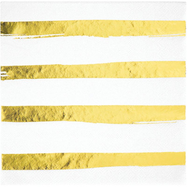 Elegant white and gold foil striped lunch napkins, ideal for celebrations, sold in a pack of 16 for stylish dining.