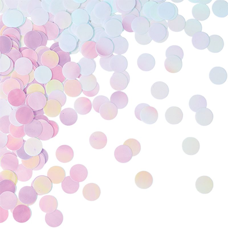 Iridescent foil confetti circles in various sizes, perfect for decorating parties and enhancing celebratory decor.