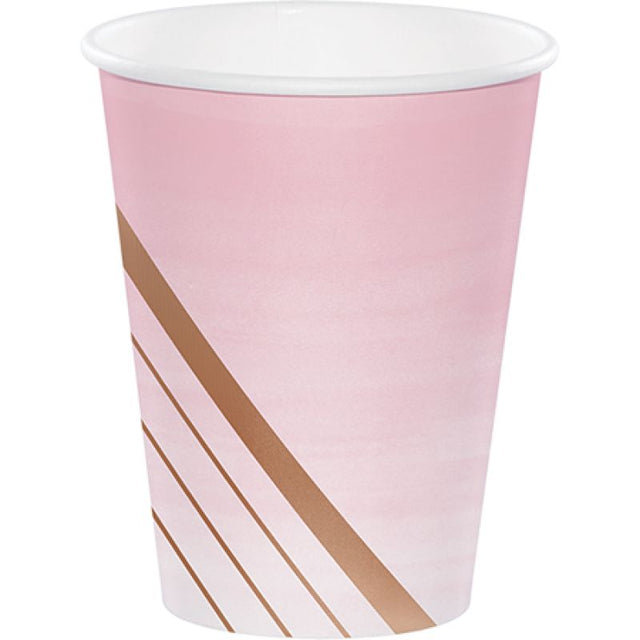 Rose All Day Cups pack of 8 with elegant paper stripes and rose gold foil, perfect for stylish drinks at any celebration.