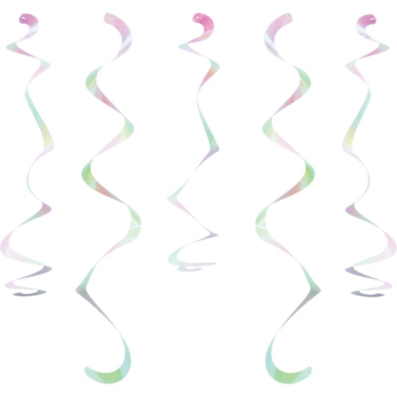 Iridescent foil swirling danglers, 45cm long, pack of 10, perfect for elegant party decorations and vibrant celebrations.