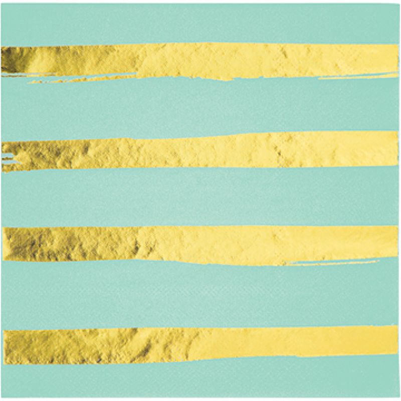 Fresh mint green lunch napkins with chic gold foil stripes, perfect for elegant gatherings or casual picnics. Pack of 16.