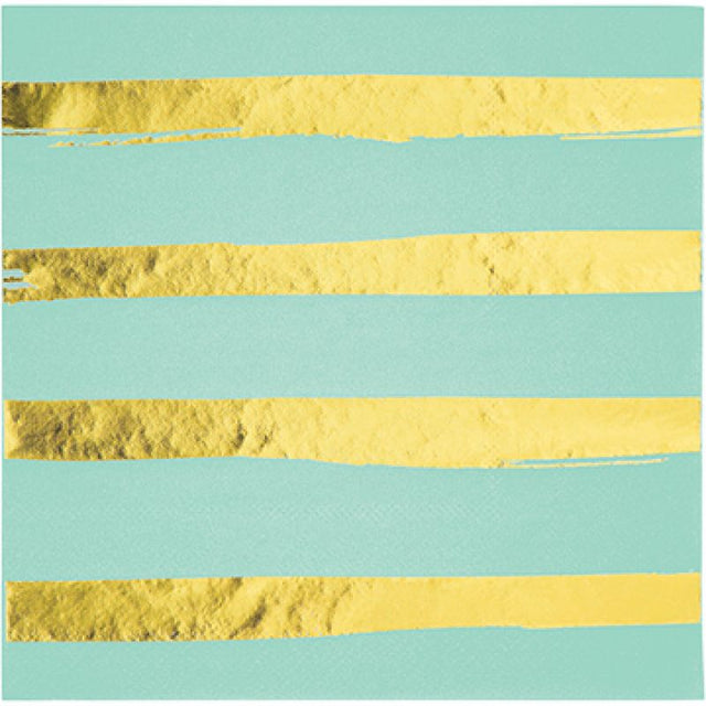 Fresh mint green lunch napkins with chic gold foil stripes, perfect for elegant gatherings or casual picnics. Pack of 16.