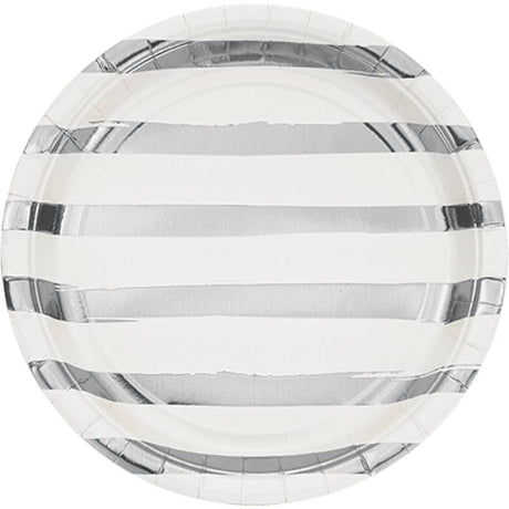 Elegant white paper dinner plates with silver foil stripes, 22cm, pack of 8, ideal for stylish gatherings and easy cleanup.