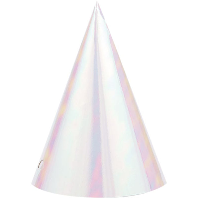 Colorful iridescent cone hats in a pack of 8, perfect for festive celebrations and fun gatherings.