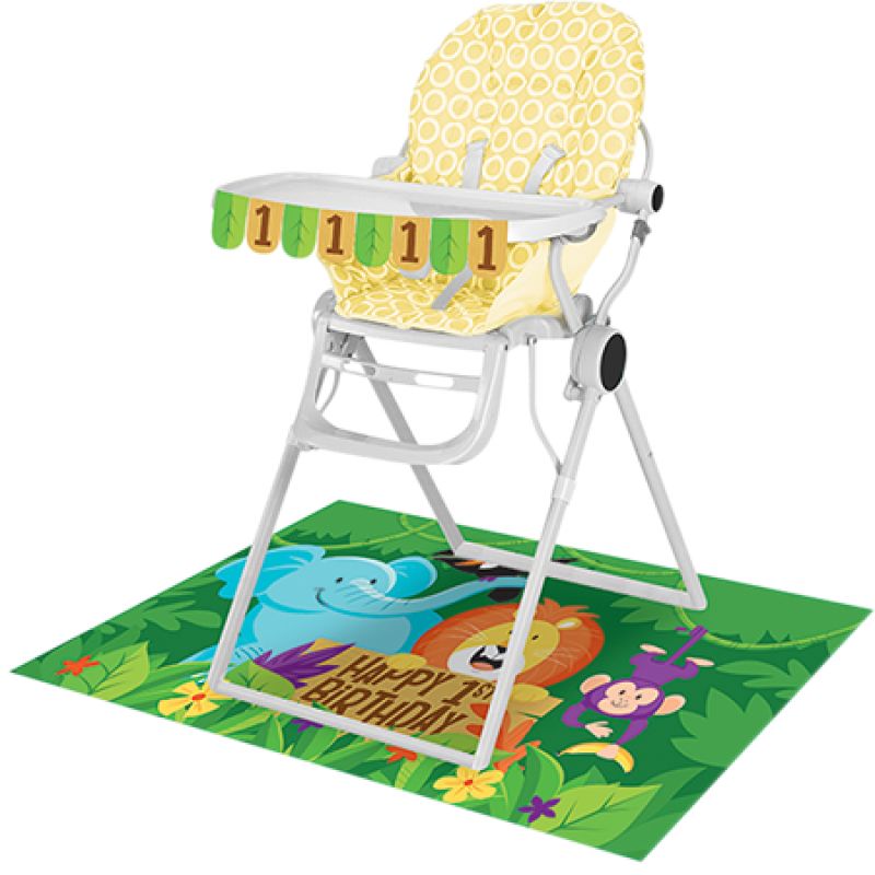 Jungle Safari High Chair Kit featuring a vibrant banner and easy-clean floor mat for a memorable 1st birthday celebration.