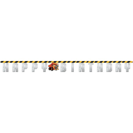 Colorful "Happy Birthday" banner featuring construction themes with vehicles and hard hats, perfect for kids' parties.