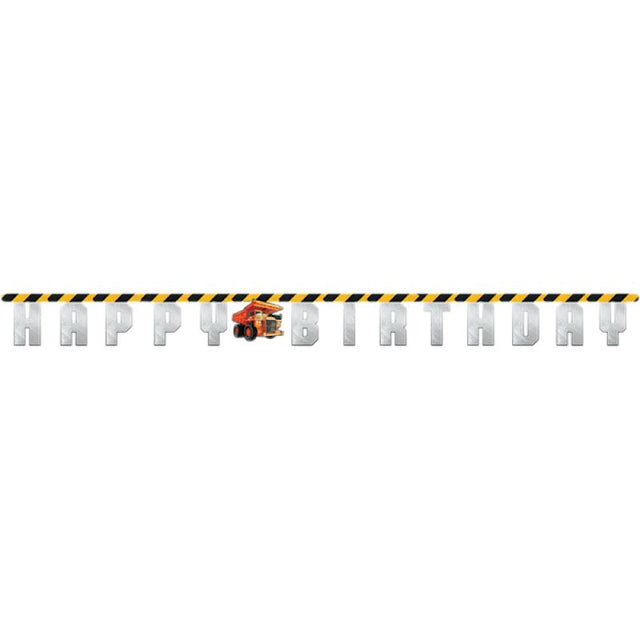 Colorful "Happy Birthday" banner featuring construction themes with vehicles and hard hats, perfect for kids' parties.
