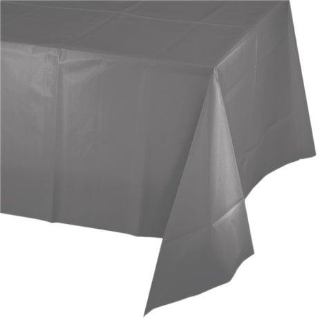 Elegant gray plastic tablecover measuring 137cm x 274cm, perfect for stylish dining and easy cleanup at any event.