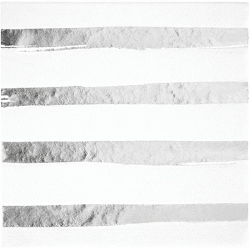 Elegant white napkins with silver foil stripes, perfect for enhancing any dining occasion, pack of 16.