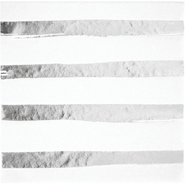 Elegant white napkins with silver foil stripes, perfect for enhancing any dining occasion, pack of 16.