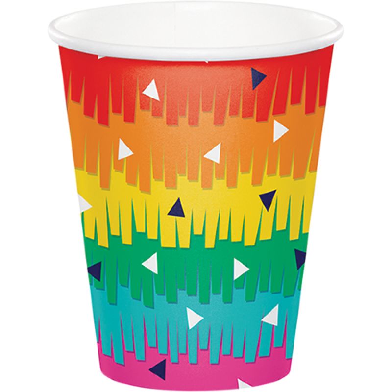 Colorful disposable 266ml paper cups in a pack of 8, perfect for parties and celebrations. Eco-friendly and festive design.