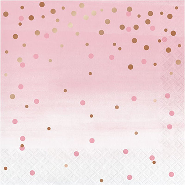 Elegant pack of 16 Rose All Day lunch napkins with rose gold foil dots, perfect for stylish gatherings and easy cleanup.