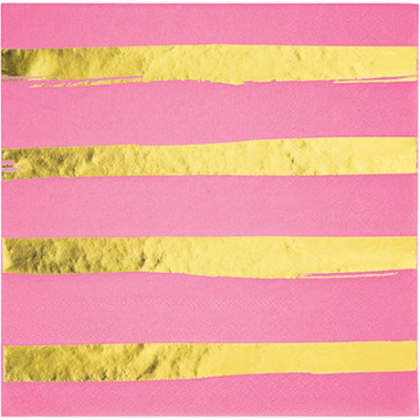 Candy pink napkins with gold foil stripes, perfect for elegant dining and parties, pack of 16, 6.5 x 6.5 inches.