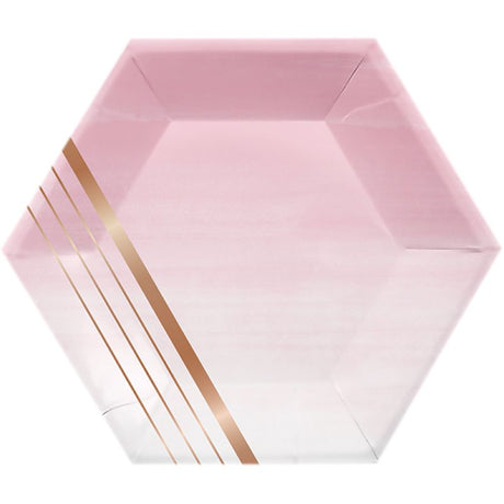 Stylish hexagonal lunch plates with rose gold foil, perfect for elevating any gathering (pack of 8, 20cm each).