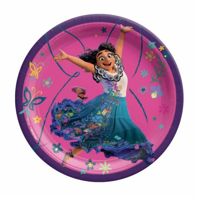 Vibrant Encanto-themed 17cm round paper plates set of 8, perfect for parties and easy clean-up.