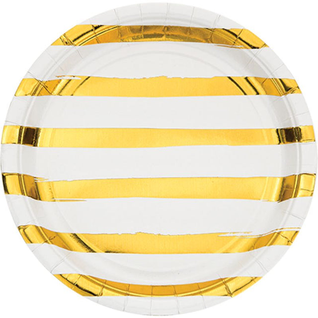 Elegant pack of 8 white paper plates with shimmering gold foil stripes, perfect for stylish dining and easy cleanup.