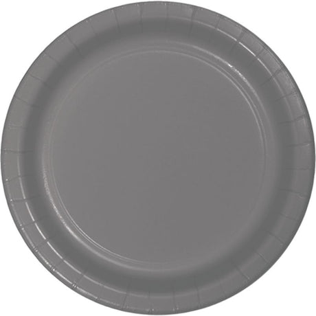 Glamour Gray 18cm paper lunch plates in a pack of 24, stylish and sturdy for elegant dining at any event.