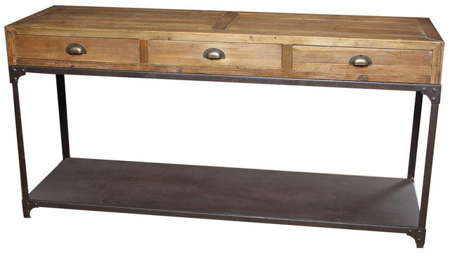 Industrial-style console table with recycled fir wood and metal shelf, perfect for hallways or living spaces.