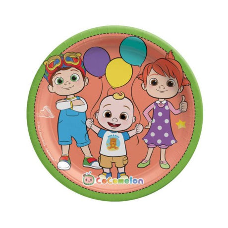 Colorful Cocomelon-themed paper plates set of 8, perfect for kids' parties and festive gatherings.