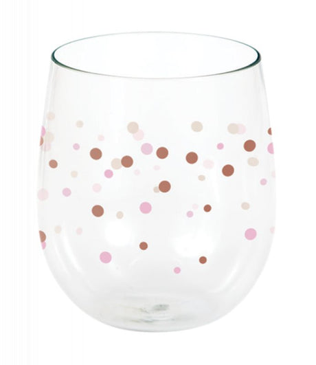 Elegant stemless wine glass in rose gold with dot patterns, perfect for enjoying rosé at any occasion.