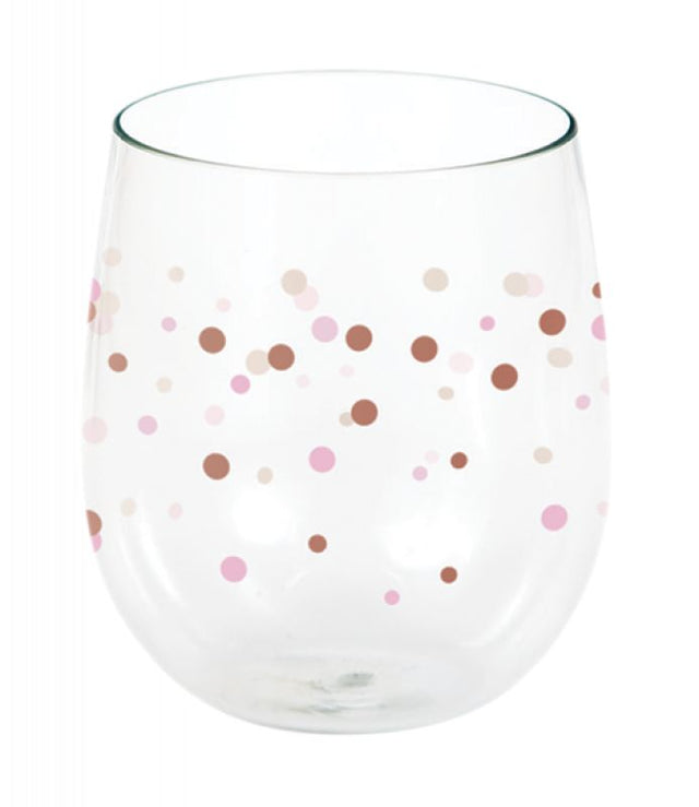 Elegant stemless wine glass in rose gold with dot patterns, perfect for enjoying rosé at any occasion.