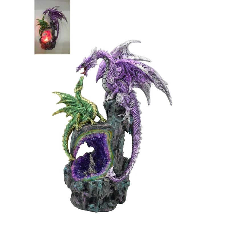 A hand-painted dragon figurine with glowing crystals in a geode, creating a captivating LED-lit decor piece.