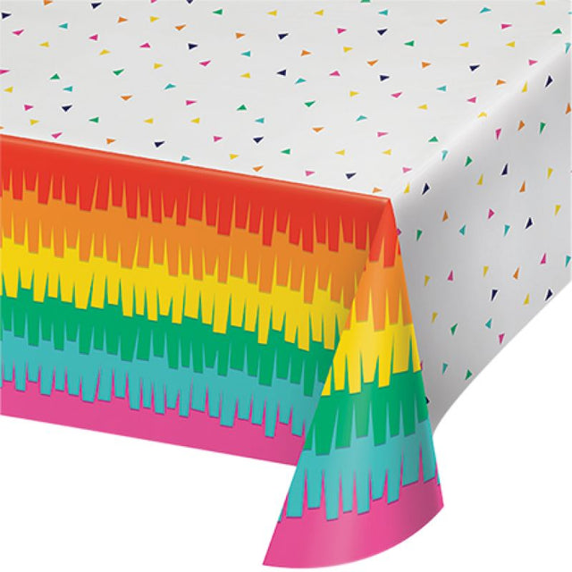 Vibrant Fiesta Fun Tablecover measuring 137cm x 259cm, perfect for adding color to any indoor or outdoor celebration.