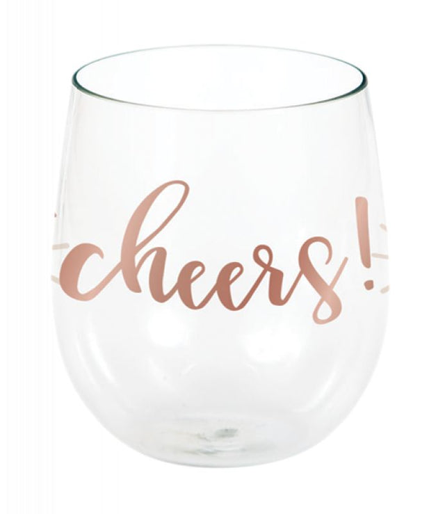 Elegant rose gold stemless wine glass, perfect for toasting at special occasions or relaxing evenings.