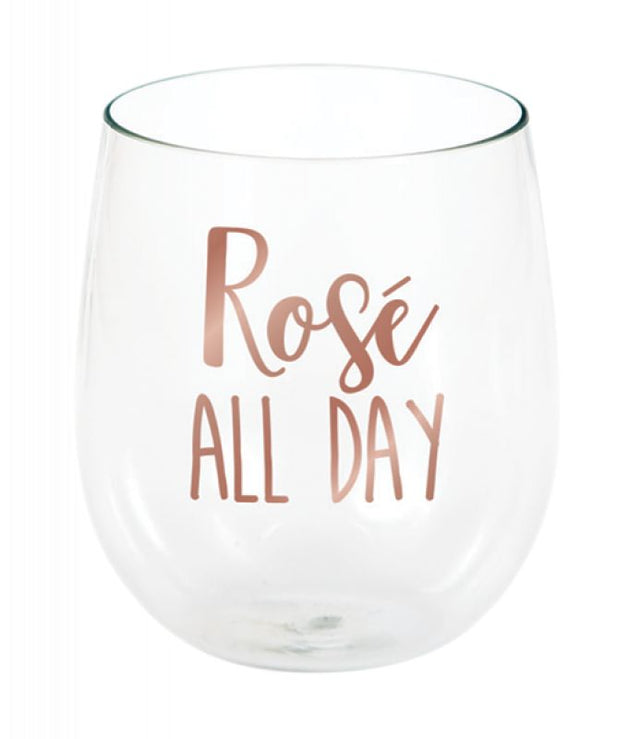 Chic stemless plastic wine glass with 'Rose All Day' design, perfect for stylish sipping at gatherings and outdoor events.