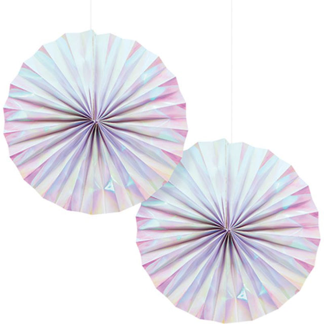 Iridescent foil paper fans in a pack of 2, 30cm, perfect for party decor with a stunning reflective effect.