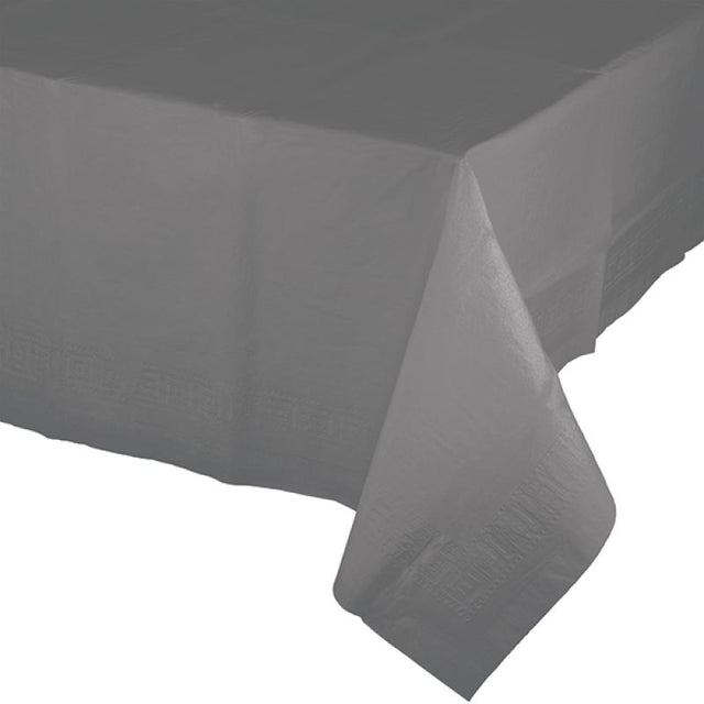 Elegant gray tablecover with tissue and waterproof backing, perfect for protecting tables at any event or gathering.